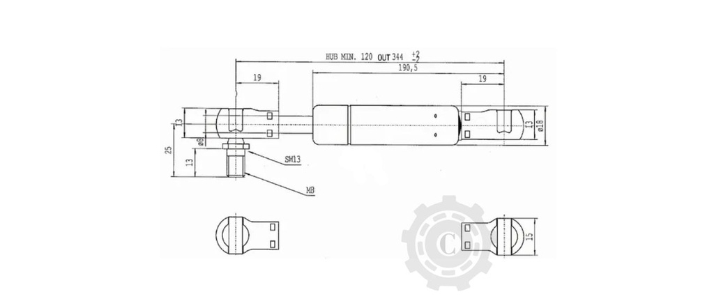 AMORTIZOR GAZ L344MM CURSA 124MM 250N