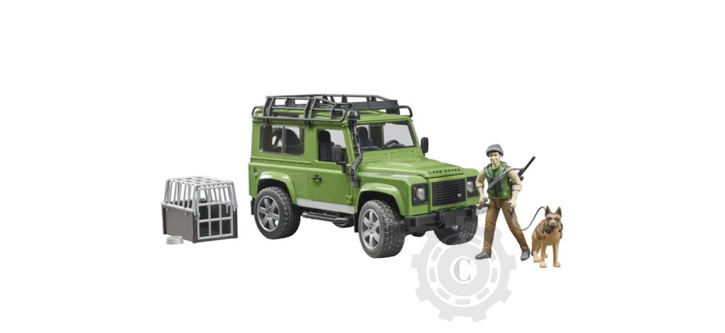 Masina de teren Land Rover Defender station wagon cu padurar si caine