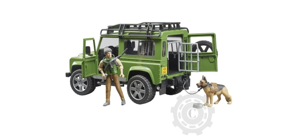 Masina de teren Land Rover Defender station wagon cu padurar si caine