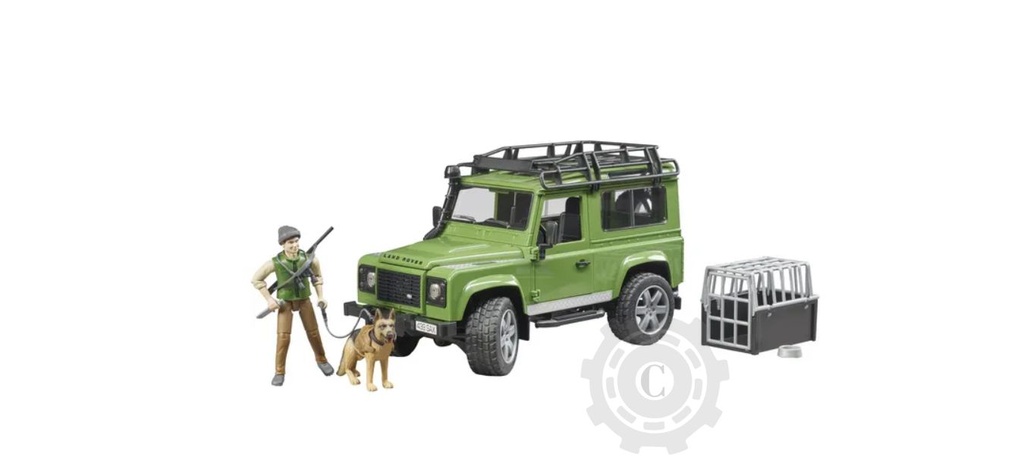 Masina de teren Land Rover Defender station wagon cu padurar si caine